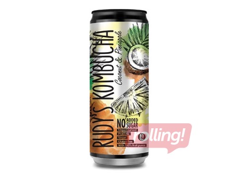 Kombuča Rudy's Kombucha, kokosrieksts un ananass, skārdene, 330ml (Taras depozīts iekļauts cenā)