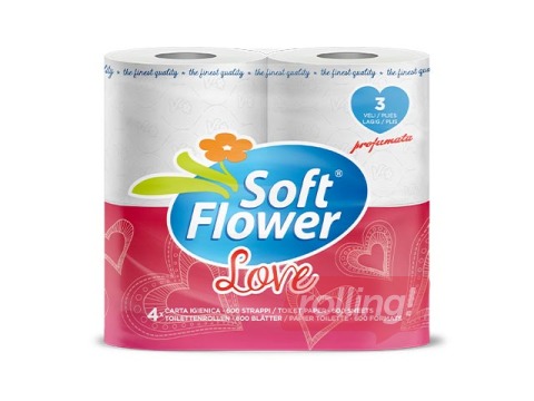 Tualetes papīrs Love Soft Flower parfimēts, 3 slāņi, balts, 4 ruļļi