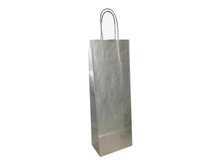 Papīra maisiņš ar pītu rokturi pudelēm 140x80x390mm, kraftpapīra, sudraba/balts