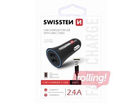 Auto lādētājs Swissten Premium USB + USB, ar vadu, 1.0m, melns